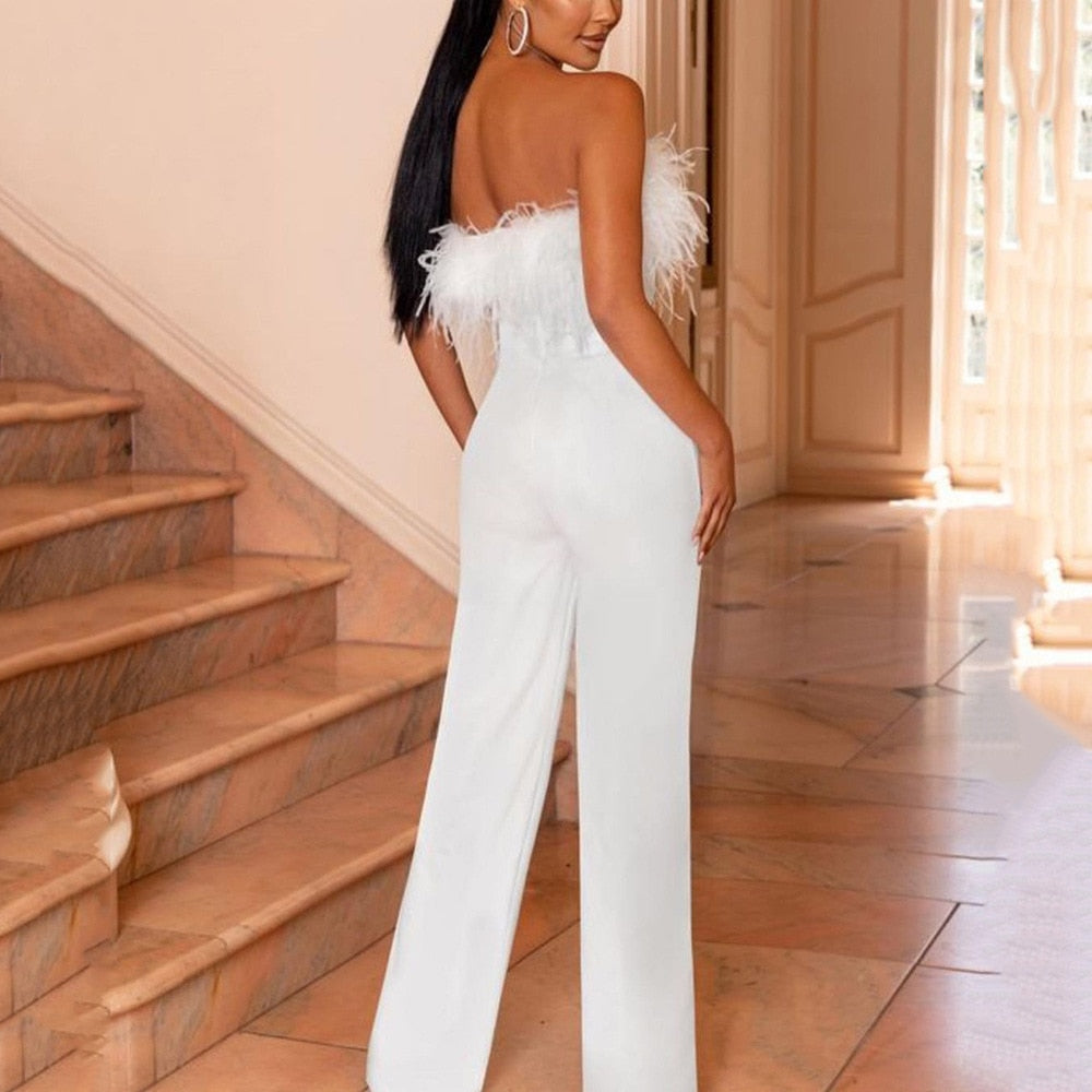 Yipinpay Spring Summer Elegant Party Jumpsuit Luxury New Women Feather Tube Top Solid Color Pants Oneshoulder Backless Sexy Jumpsuit