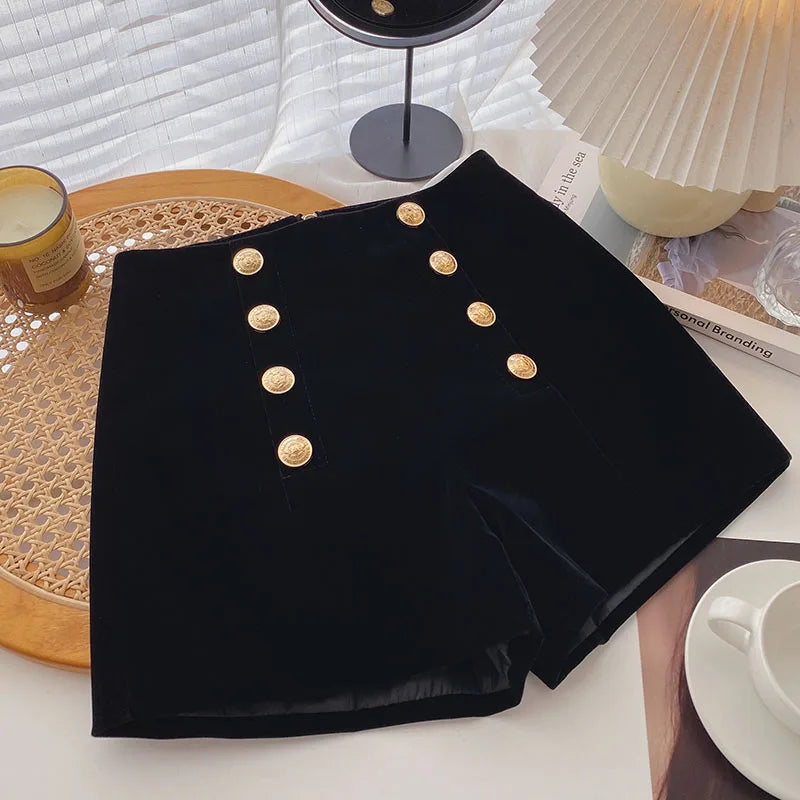 Yipinpay Black High Waist Slim Shorts Thicked Women's Winter New Korean Fashion Double-breasted Wide Leg Short Pants