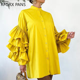 Yipinpay Women Chic Solid Fashion Stand Collar Long Sleeves Ruffle Design Casual Blouses Tops