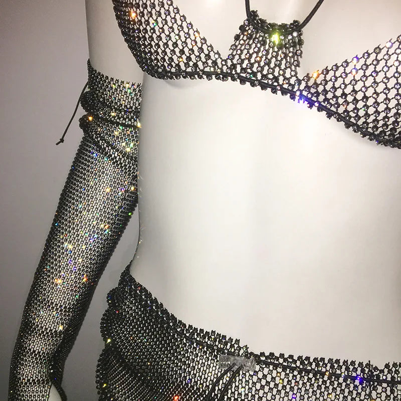 Yipinpay Women's Set Fishnet Rhinestone Dress Halter And Skirt And Arm Cuff Dress Lady's Temperament Elegant Three-Piece Outfits