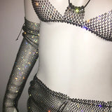 Yipinpay Women's Set Fishnet Rhinestone Dress Halter And Skirt And Arm Cuff Dress Lady's Temperament Elegant Three-Piece Outfits