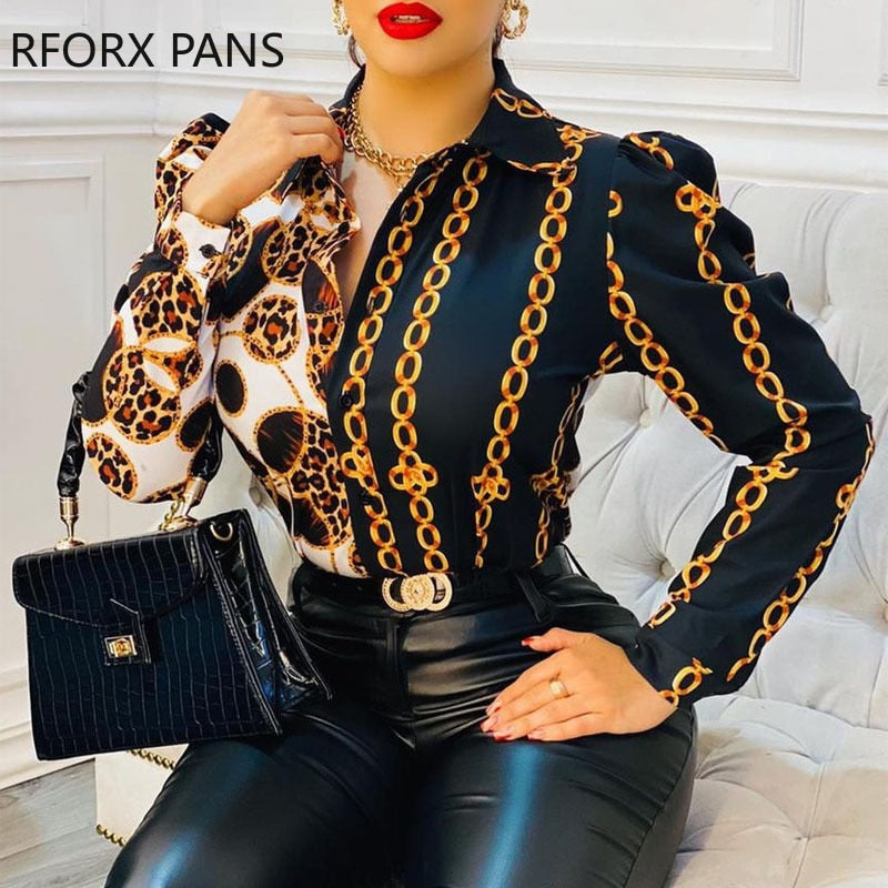 Yipinpay Women Chic Fashion Chain Pattern Turn Down Collar Long Puff Sleeves Casual Blouses Tops