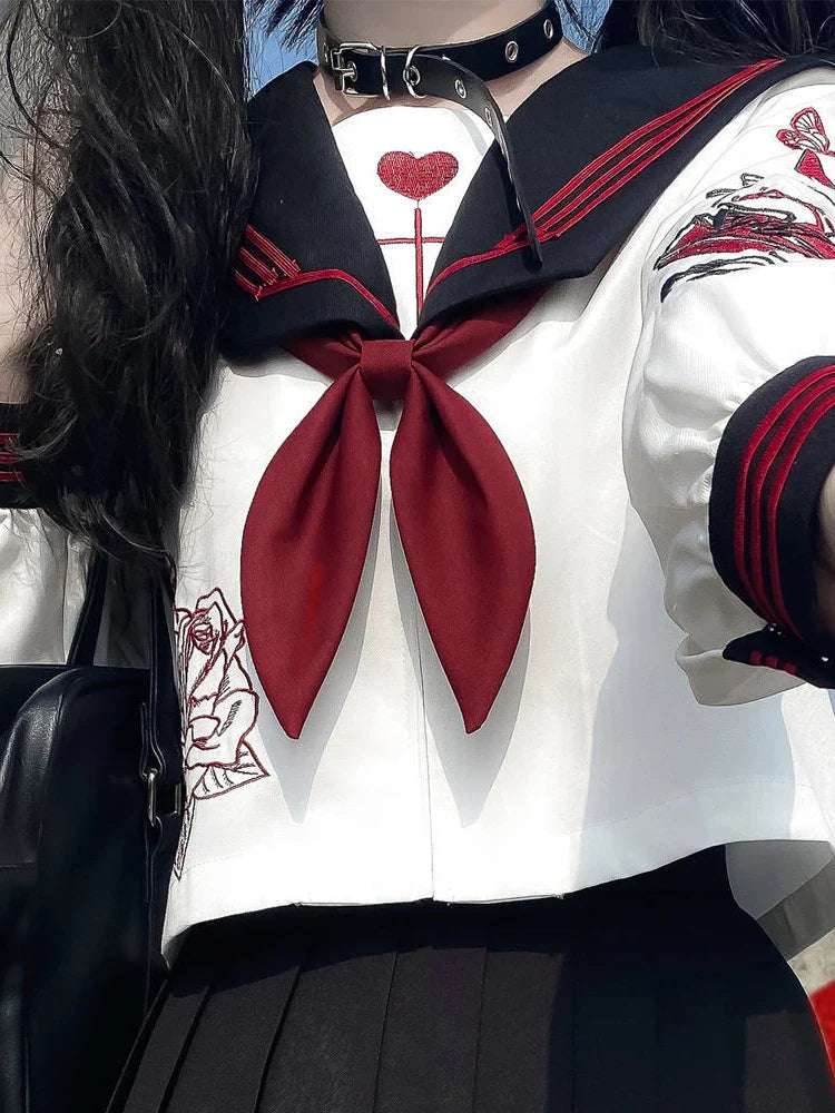 Yipinpay Women Preppy JK Suit Genuine Japanese Dark Jk Uniform Shirt + Black Pleated Skirt Punk Girl Embroidered Sailor 2pcs Suit