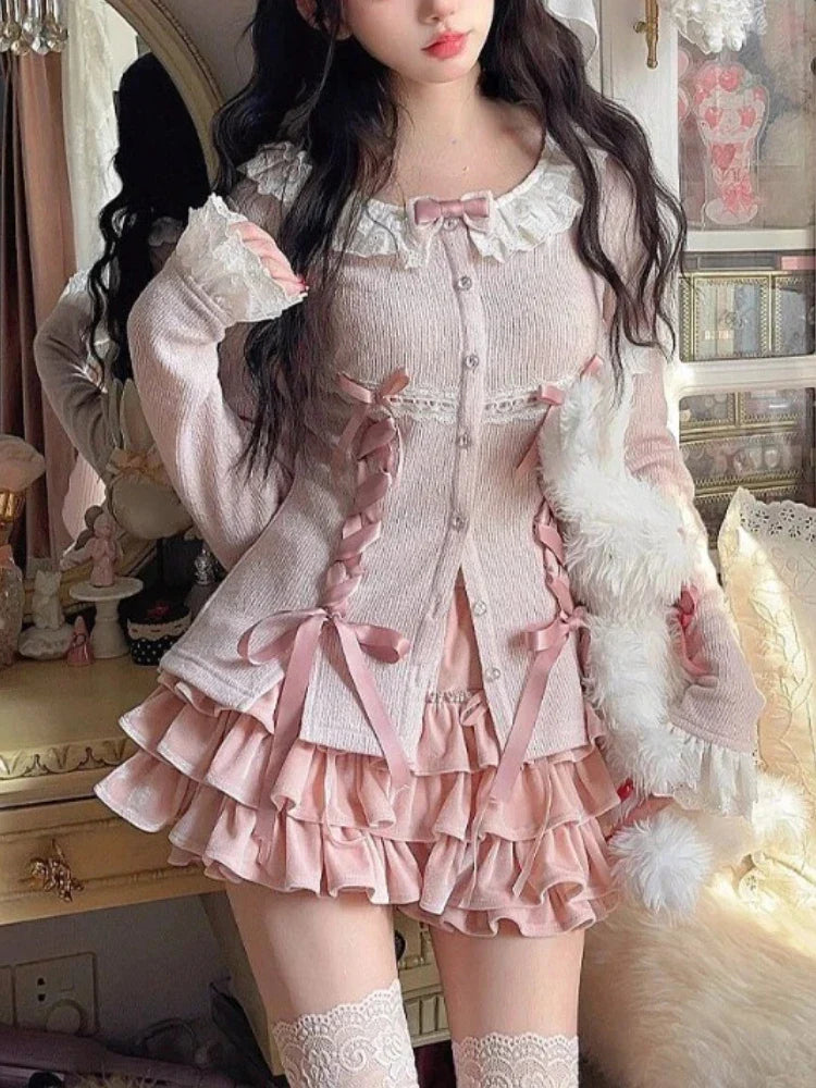 Yipinpay Japanese Kawaii 2 Piece Skirt Set Women Sweet Bow Knitted Tops Cute Mini Cake Skirt Korean Fashion Spring Autumn Skirt Suit