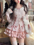Yipinpay Japanese Kawaii 2 Piece Skirt Set Women Sweet Bow Knitted Tops Cute Mini Cake Skirt Korean Fashion Spring Autumn Skirt Suit