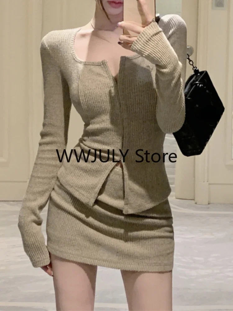 Yipinpay Autumn New Grey Casual Knitted Suits Sexy 2 Piece Skirt Set Woman Elegant Y2k Crop Tops + High Waist Slim Mini Skirt Korean