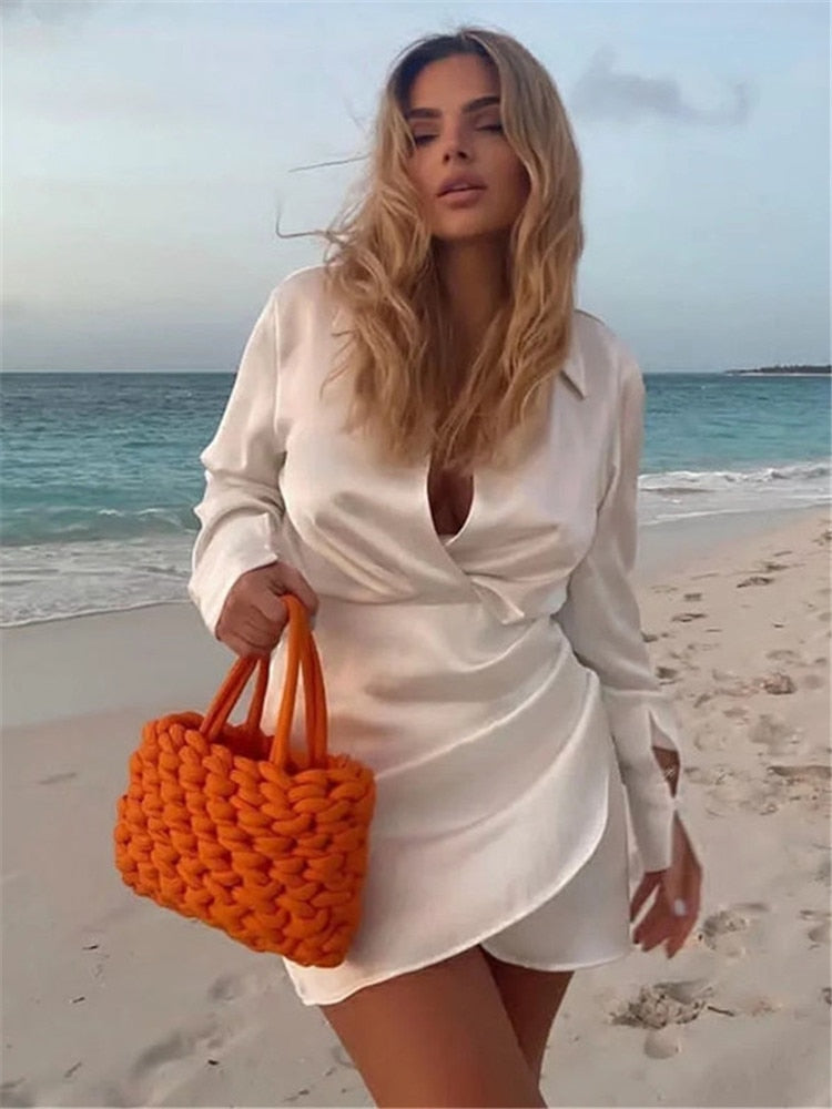 Yipinpay 2023 Satin Shirt Dress Woman Multicolor Short Dresses For Women Long Sleeve Mini Dress Elegant Casual Women's Dresses