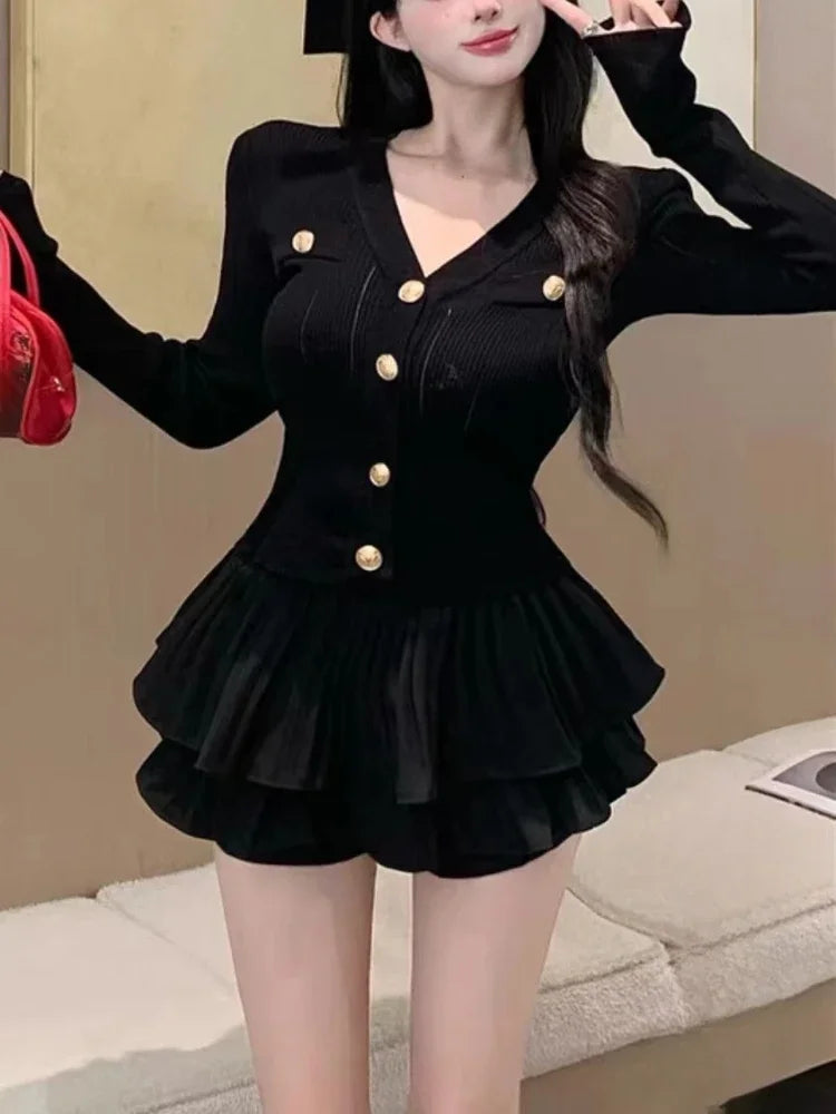 Yipinpay Summer Korea Fashion Knitted Suit Black Slim 2 Piece Skirt Set Casual Elegant Sweater + Women Outwear Casual Y2k Mini Skirt