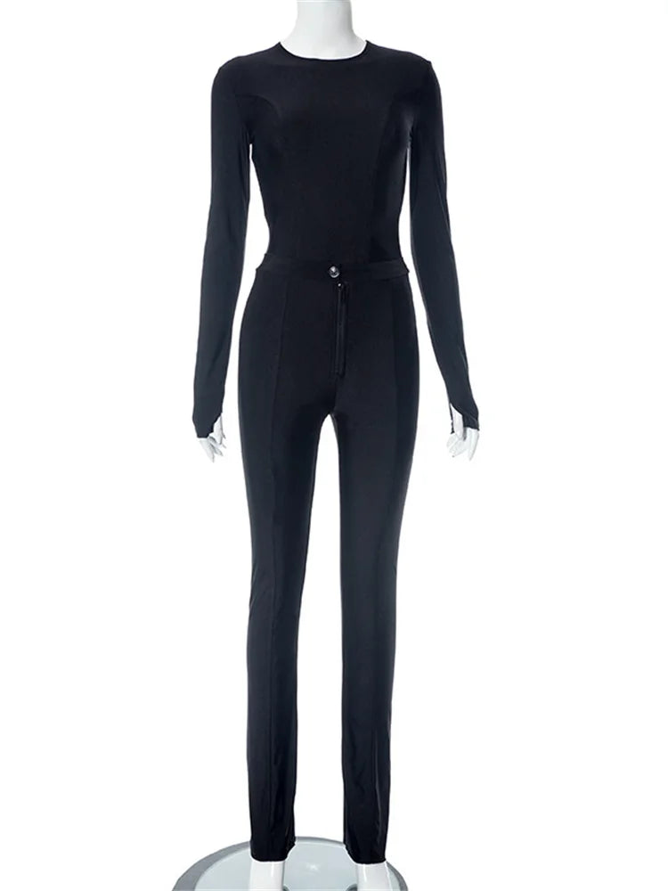 Yipinpay Simenual High Street Black Outfits Women Rave Slim Co-ord Suits Long Sleeve Pullovers Tees High Waist Zip Pants 90s 2 Piece Sets