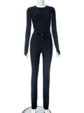 Yipinpay Simenual High Street Black Outfits Women Rave Slim Co-ord Suits Long Sleeve Pullovers Tees High Waist Zip Pants 90s 2 Piece Sets