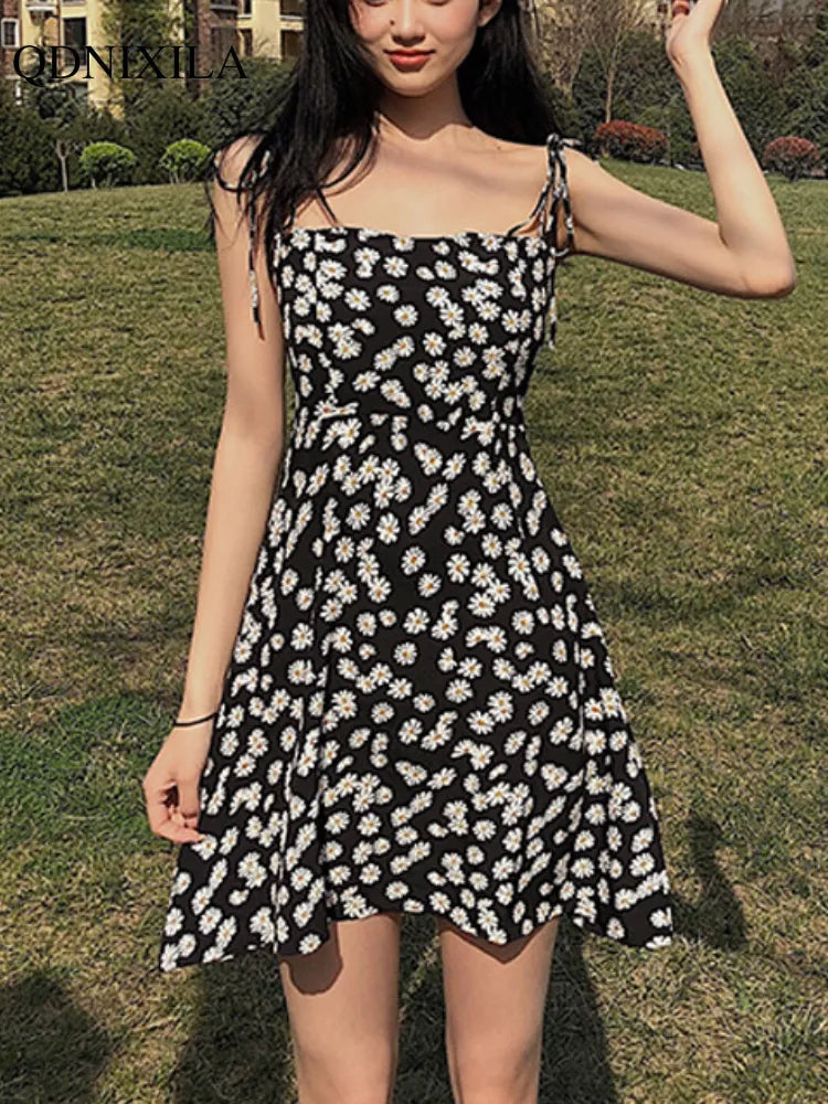 Yipinpay 2023 Floral Printed Women's Dress Vintage French Elegant Casual High Waist Thin Off Shoulder Sleeveless Midi Slip Dresses