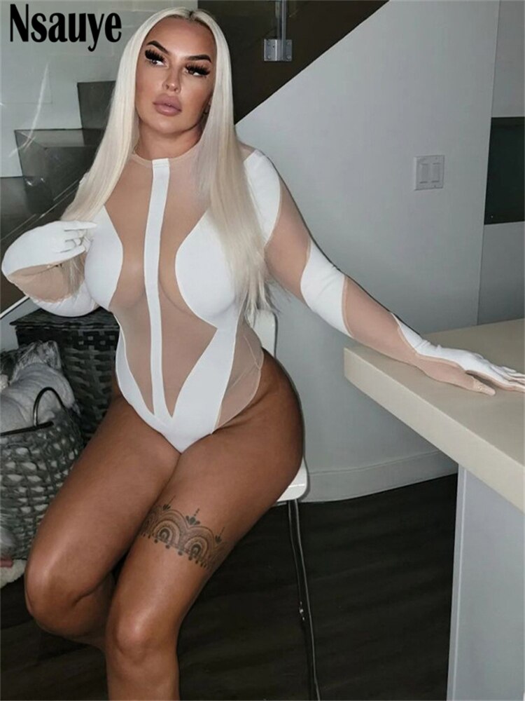 yipinpay 2023 Fashion Club Y2K Sexy Mesh See Through Skinny Bodysuit Long Sleeve One Pieces Body Tops White Rompers Oufits