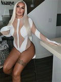 yipinpay 2023 Fashion Club Y2K Sexy Mesh See Through Skinny Bodysuit Long Sleeve One Pieces Body Tops White Rompers Oufits