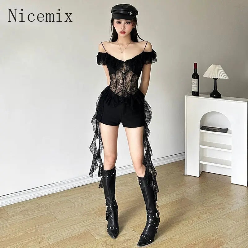Yipinpay Girl White Lace Spliced Strap Tank Top Women Camisole Summer New Korean Irregular Slimming Ruffle Hollow Out Sexy Tops