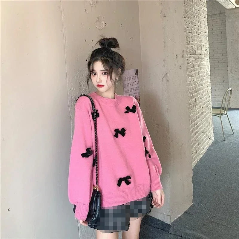 Yipinpay Sweet Sweater Pullover Women Autumn Winter Loose Bow Outwear Knitted Tops O Neck Warm Female Jumper Casual Fashion