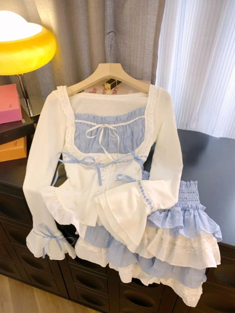 Yipinpay Spring Janpan Style Kawaii 2 Piece Skirt Sets Women Casual Sweet Crop Tops + Outwear High Waist Slim Mini Skirt Lolita Suit