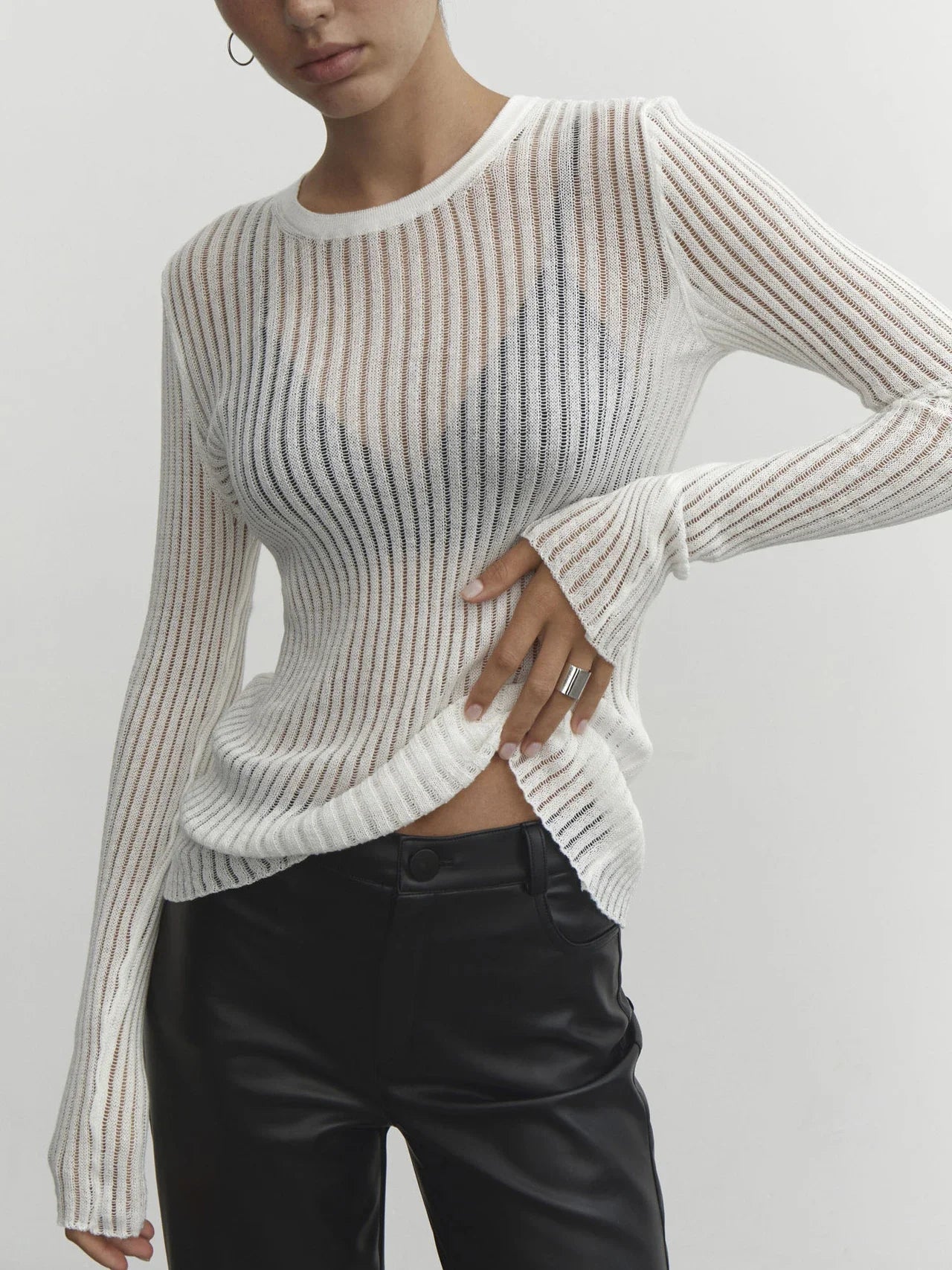 Yipinpay White Ribbed Knit T-Shirts Ladies See-Through Rib Sweater Tops Spring New Outfits Pullover Long Sleeve Casual Top Tees