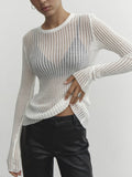 Yipinpay White Ribbed Knit T-Shirts Ladies See-Through Rib Sweater Tops Spring New Outfits Pullover Long Sleeve Casual Top Tees