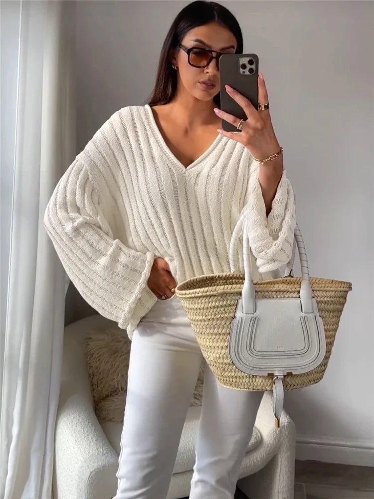 Yipinpay V-Neck Oversized Women's Sweater Long Sleeve Hollow Out Striped Knit Tops Winter 2024 Trend Casual Loose Pullover Sweaters