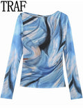 Yipinpay 2023 Blue Print Mesh Top Female Vintage Tulle Crop Top Women Ruched Chic Woman Blouse Long Sleeve Elegant Women's Blouses