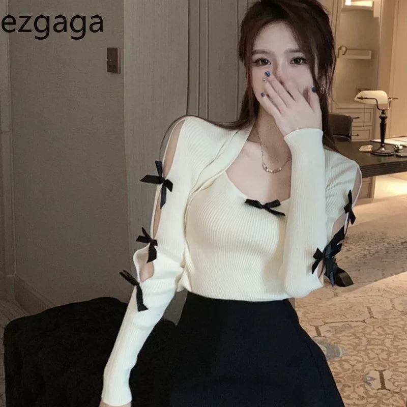 Yipinpay Knitted Sweater Women Bow Hollow Out Patchwork Square Collar Chic Korean Fashion Inside Crop Tops Stretch Sexy Pullover