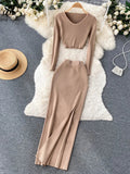 Yipinpay Autumn Sweater Two Pieces Suits Long Sleeves Knit Top+ Elatic Waist Slim Split Long Skirt Sets Women Warm Knitted Suit