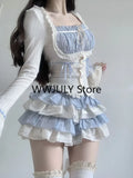 Yipinpay Summer Kawaii Lolita Suit Japanese Style Slim Lace Tops + Bodycon Y2k Mini Skirt Fashion Cake Skirt Girls Party 2 Piece Set