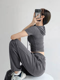 Yipinpay Hooded T-shirts Women Summer New Tight Short Sleeve Y2k Tees Gray Crop Tops Female