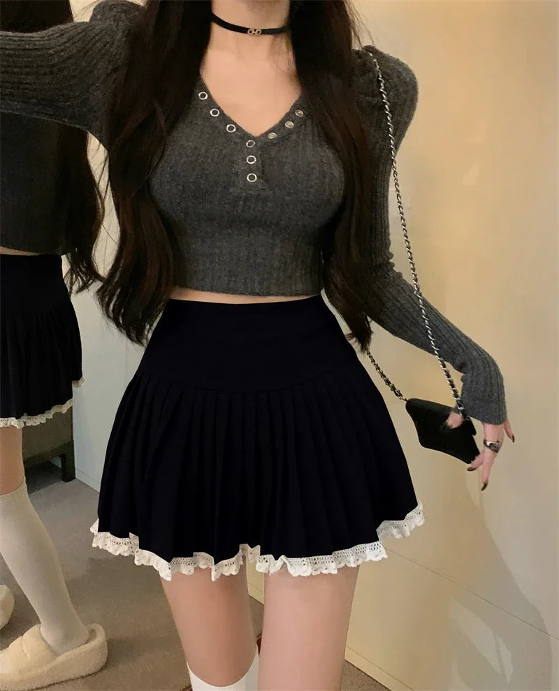 Yipinpay Mini Skirts Women Winter Fashion New Patchwork High Waist Sweet Elegant Chic Pleated Skirt Female Streetwear Casual