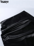 yipinpay 2023 Fashion Women Black White PU Leather Long Skinny Skirt Sexy Club Y2K High Waisted Split Skirt Autumn Winter 2023