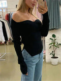 Yipinpay Long Sleeve Sweater 2024 Autumn Women Knit Ribbed Top Ladies Casual Knitted Tops Pullover Off-Shoulder Knitwear Black