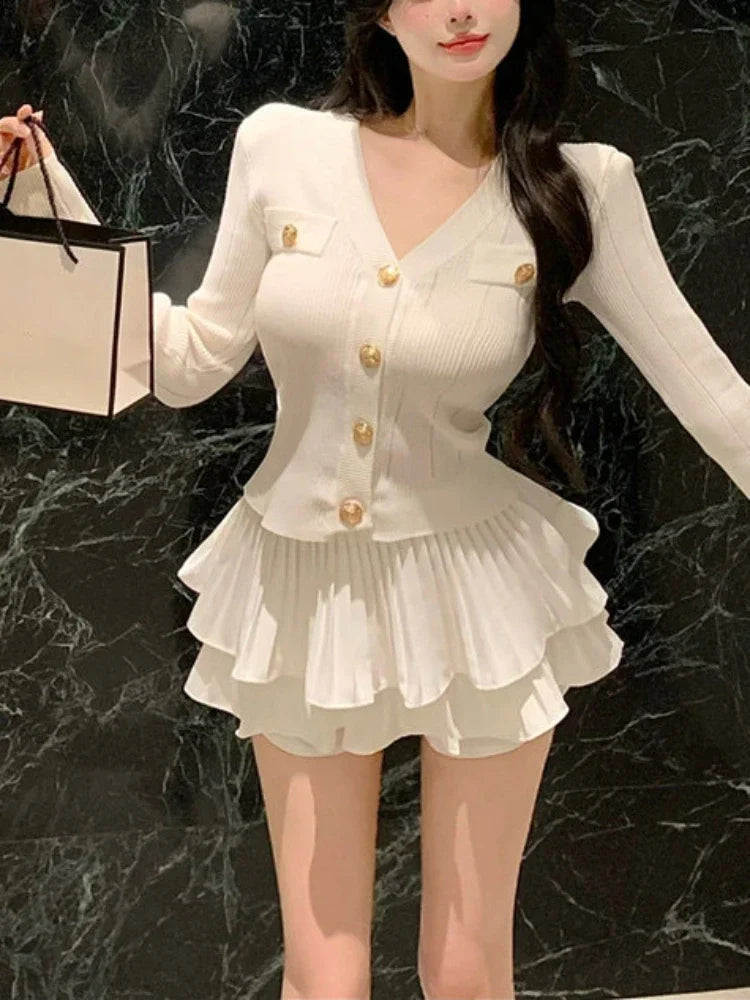 Yipinpay Summer Korea Fashion Knitted Suit Black Slim 2 Piece Skirt Set Casual Elegant Sweater + Women Outwear Casual Y2k Mini Skirt