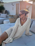 Yipinpay V-Neck Oversized Women's Sweater Long Sleeve Hollow Out Striped Knit Tops Winter 2024 Trend Casual Loose Pullover Sweaters
