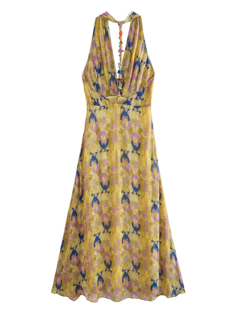 Yipinpay 2023 Print Halter Long Dress Women Summer Sexy Backless Dress Woman Knot Off Shoulder Midi Beach Holiday Party Dresses