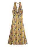 Yipinpay 2023 Print Halter Long Dress Women Summer Sexy Backless Dress Woman Knot Off Shoulder Midi Beach Holiday Party Dresses
