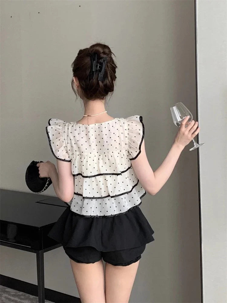Yipinpay Sweet Shirts Women Polka Dot Lace Up Flying Sleeve Square Collar Crop Tops Slim Elegant Blouse Female Summer Casual