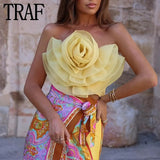 Yipinpay 2023 Flower Corset Top Female Off Shoulder Crop Tops For Women Organza Backless Summer Sexy Tops Woman Sleeveless Tank Top