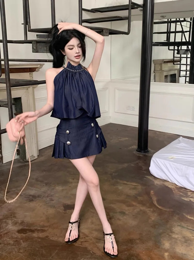 Yipinpay Hot Girl Retro Suit Women's Summer Halter Neck Off Shoulder Tank Top Denim Pleated Skirt Two-piece Set Female Clothes