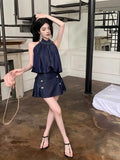 Yipinpay Hot Girl Retro Suit Women's Summer Halter Neck Off Shoulder Tank Top Denim Pleated Skirt Two-piece Set Female Clothes
