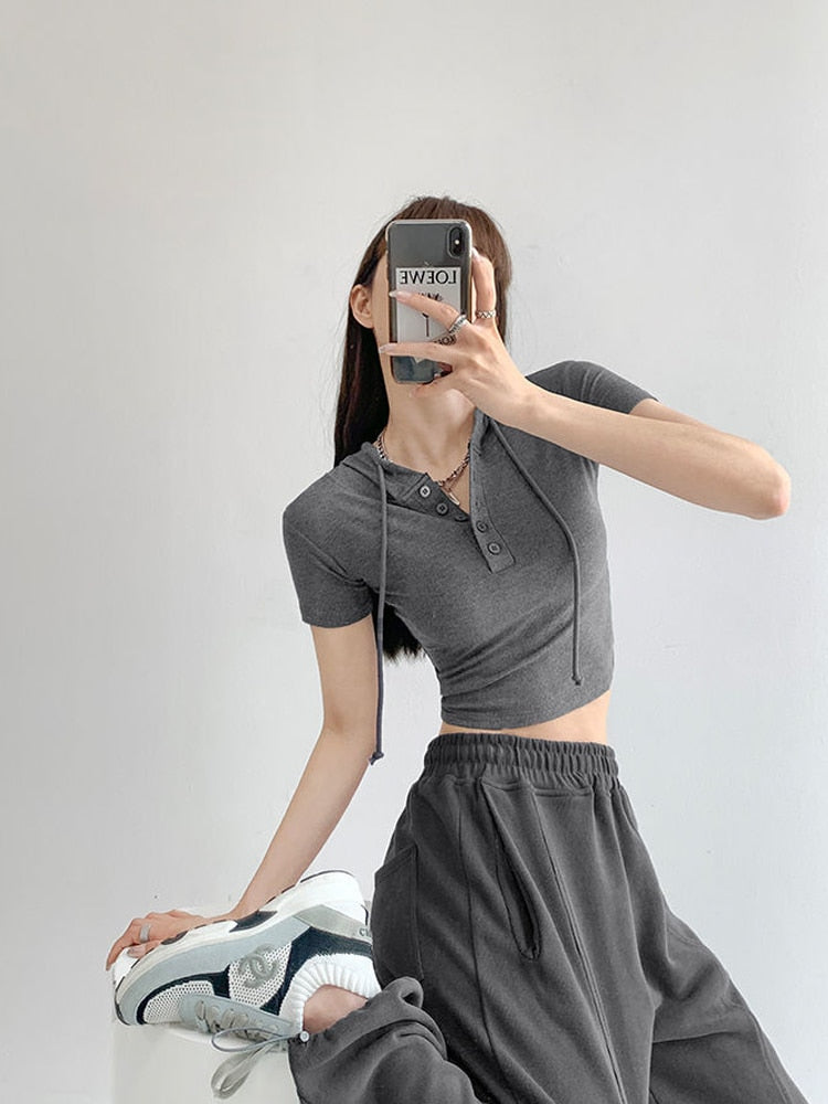 Yipinpay Hooded T-shirts Women Summer New Tight Short Sleeve Y2k Tees Gray Crop Tops Female