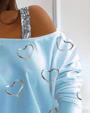 Yipinpay New Casual Tee Women's Tops Heart Pattern Sequins Cold Shoulder Long Sleeve T-Shirt Women's Clothing Autumn Spring