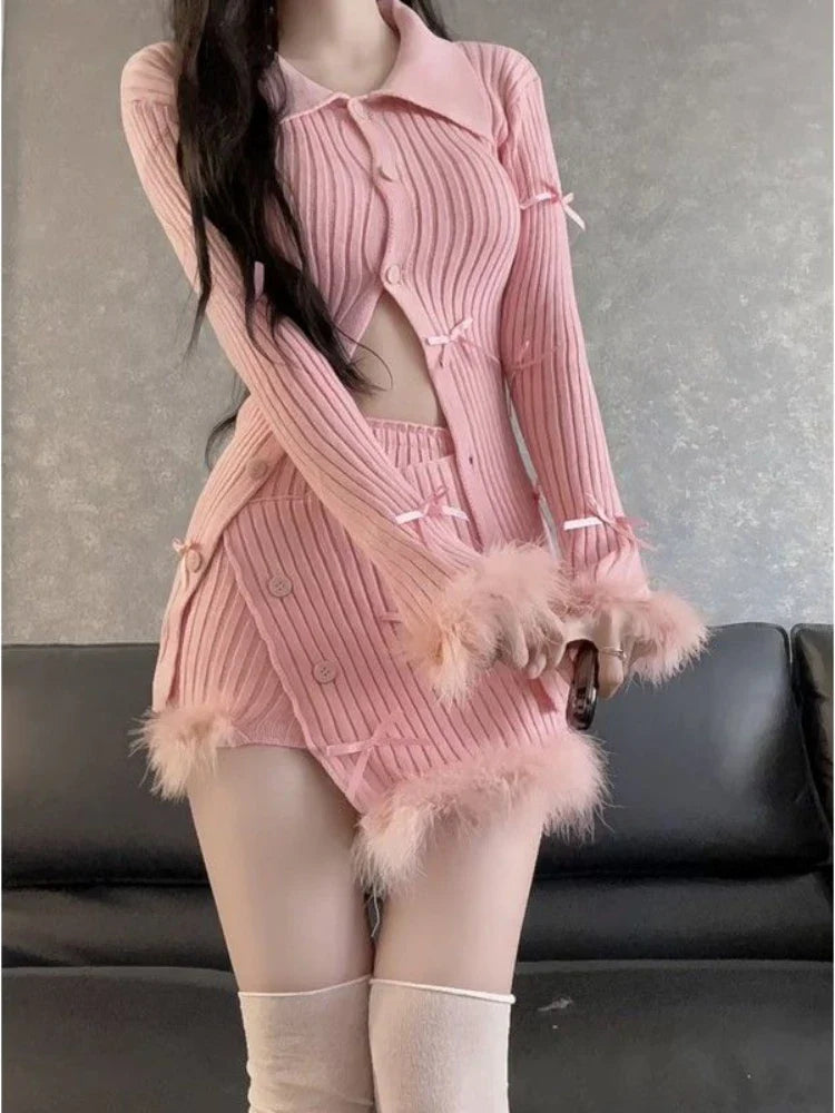 Yipinpay Autumn Pink Knitted Suit Woman Kawaii Elegant Set Korea Fashion Clothing Woman Casual Sweater + Slim Bodycon Y2k Mini Skirt