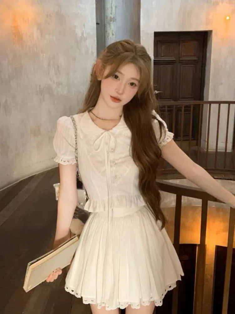 Yipinpay Summer Slim Sweet Elegant 2 Piece Set Women Evening Party Y2k Crop Top + Office Lady Causal Mini Skirt Korean Fashion