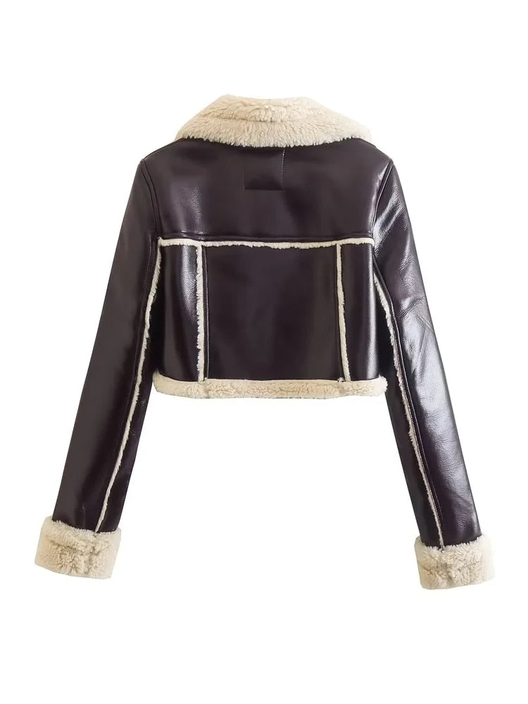 Yipinpay Faux Leather Cropped Jacket Woman Fleece Jacket Women Double Faced Zip Up Short Teddy Coat Warm Winter Women's Jackets