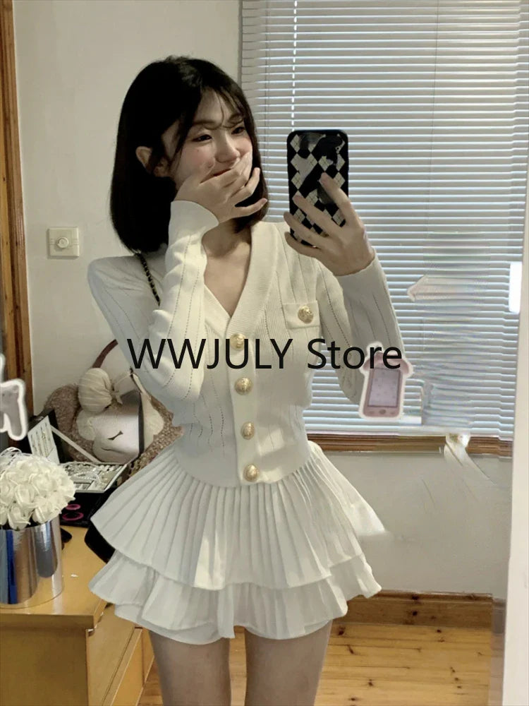 Yipinpay Casual Knitted Sweater Tops Casual Slim Y2k Mini Skirt Party Elegant Clothing Korean Fashio 2 Piece Set Skirt Woman 2024