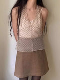 Yipinpay Summer New See Through Mesh Tank Top Black Wave Point Lace Up Camisole Vest Y2k E-Girl Sleeveless Halter Tops Women