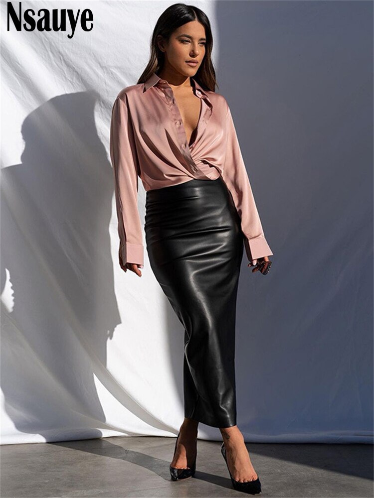 yipinpay 2023 Fashion Women Black White PU Leather Long Skinny Skirt Sexy Club Y2K High Waisted Split Skirt Autumn Winter 2023