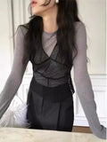 Yipinpay Summer New See Through Mesh Tank Top Black Wave Point Lace Up Camisole Vest Y2k E-Girl Sleeveless Halter Tops Women
