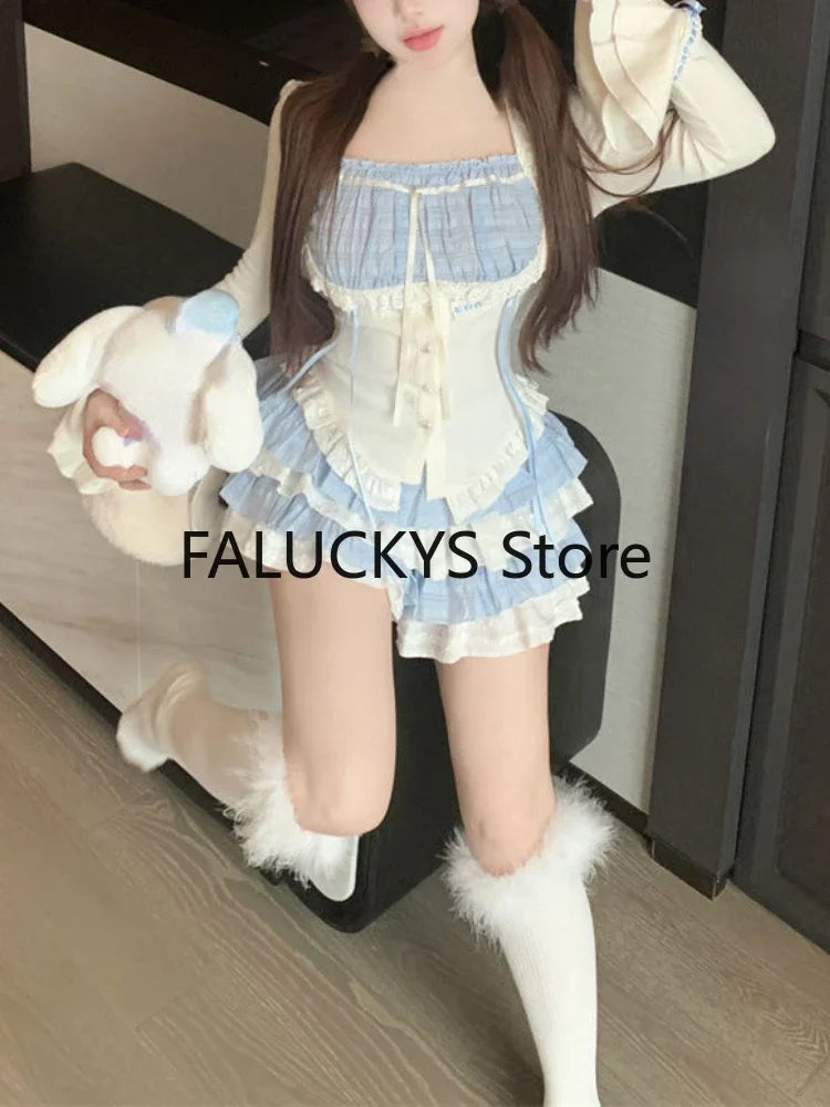 Yipinpay Summer Sweet French Skirt 2 Piece Set Women Evening Party Slim Y2k Crop Top + Office Lady Casual Mini Skirt Korean Fashion