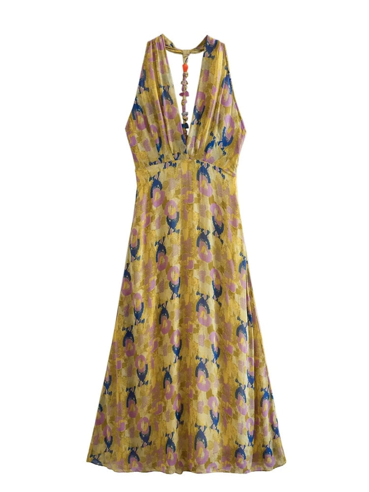 Yipinpay 2023 Print Halter Long Dress Women Summer Sexy Backless Dress Woman Knot Off Shoulder Midi Beach Holiday Party Dresses
